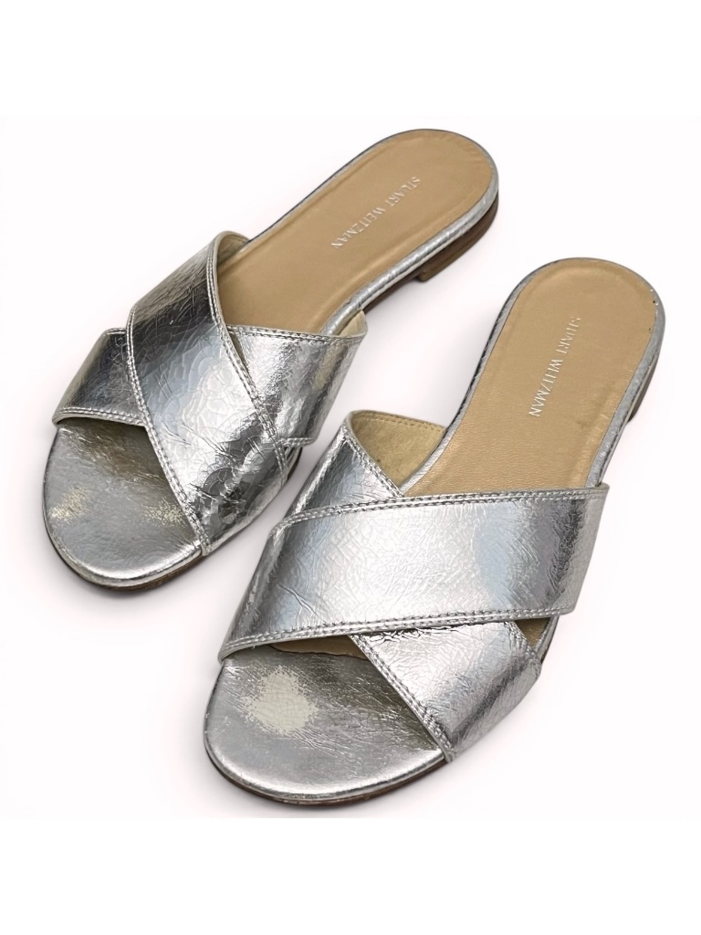 Stuart Weitzman Byway Slides Silver Metallic Leather Flat Sandals 7
